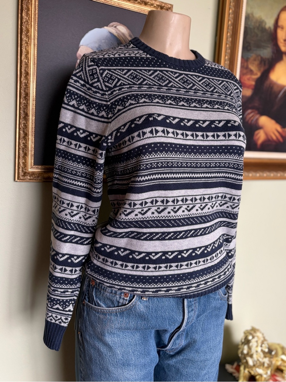 Levi's Navy White Fairisle Nordic Crewneck Knit Cotton Blend Sweater Size S
